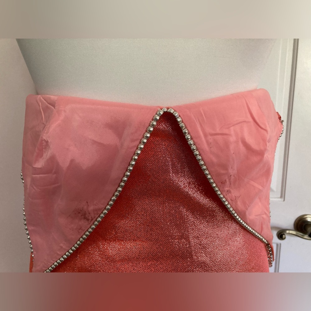 AREA Mini Dress in Crystals Embellished Trim & Metallic Coral - Picture 15 of 16